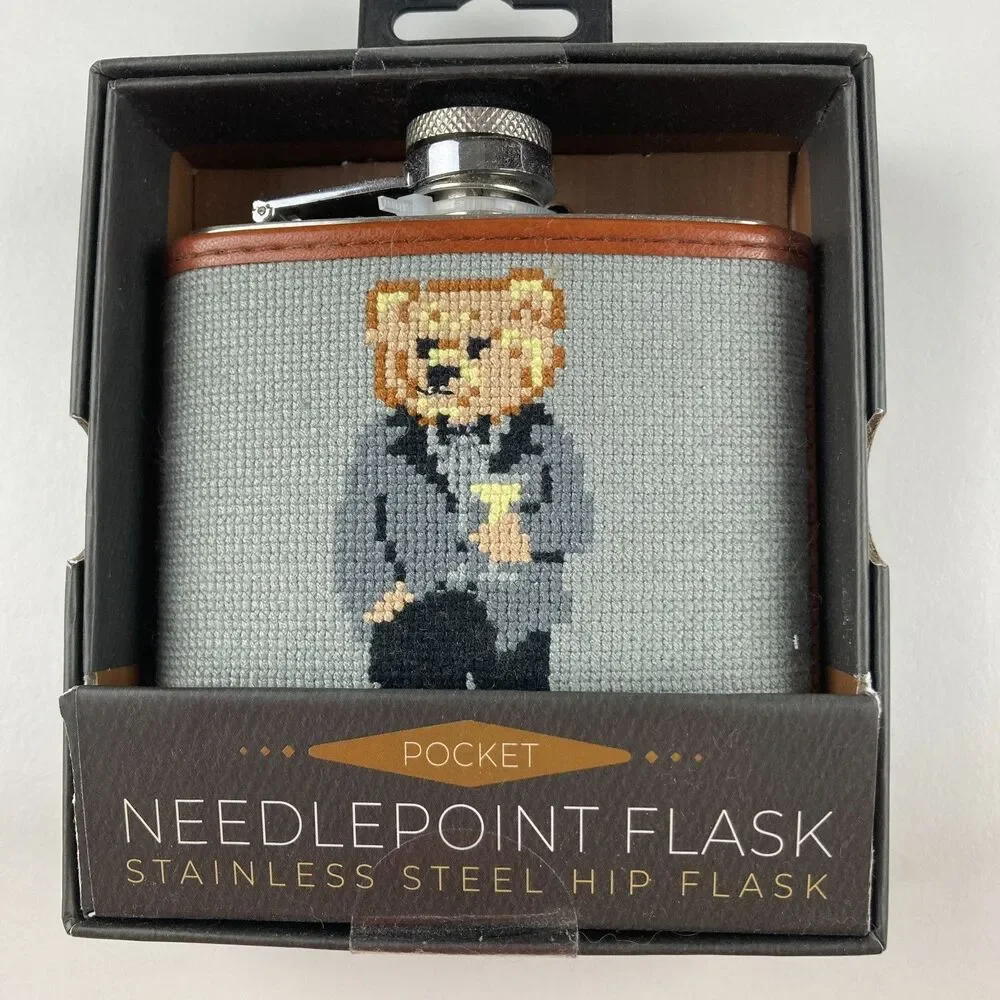 BLKSMITH Needlepoint Stainless Steel Dapper Teddy Hip Flask